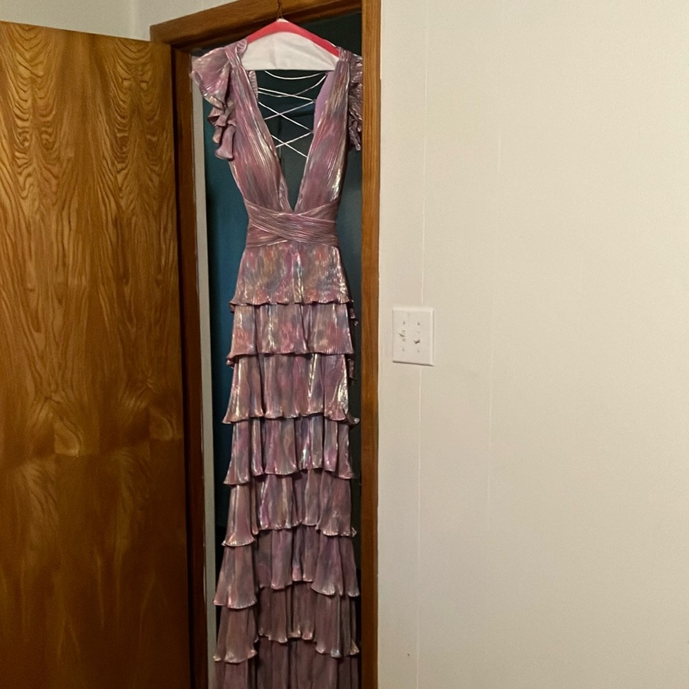 Ieena for MacDuggal Metallic Pink Ruffle Tiered Maxi Dress - Womens